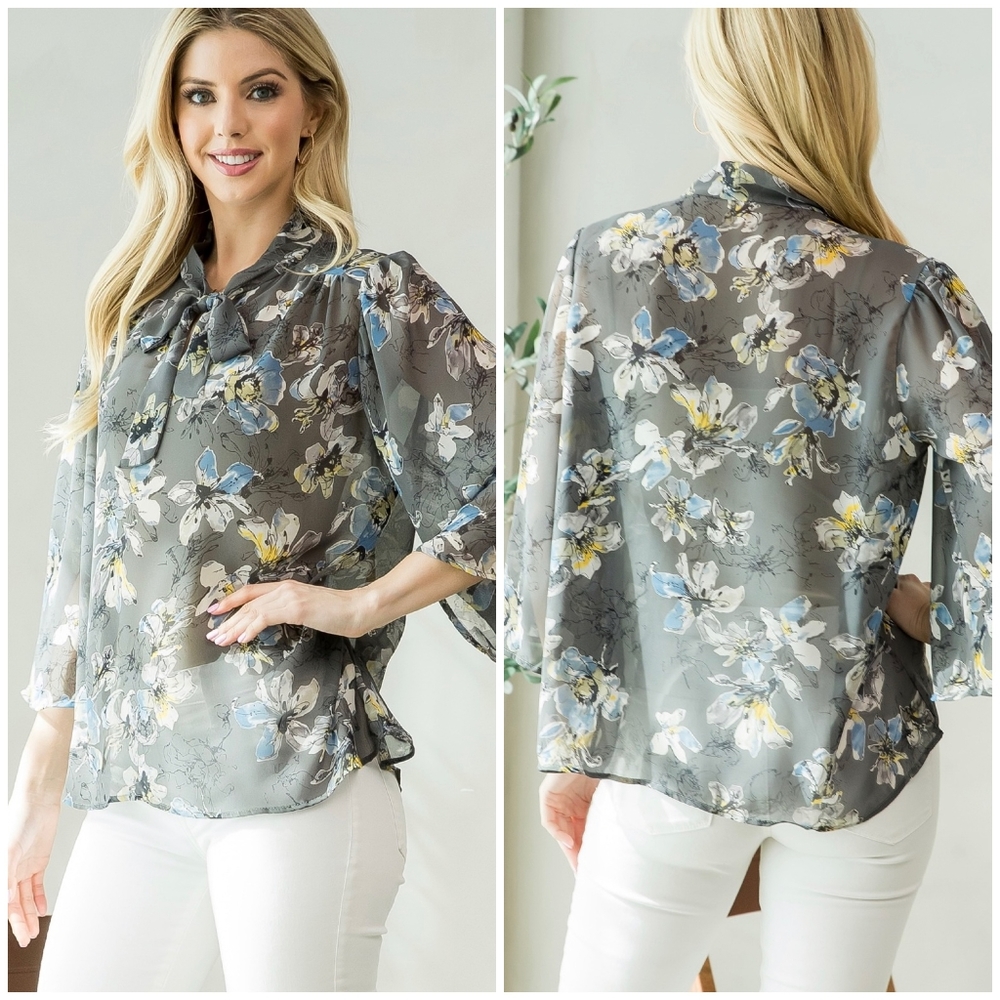 LAST 1 ! MITTOSHOP Semi Sheer Neck Bow Tie Top - Picture 6 of 8